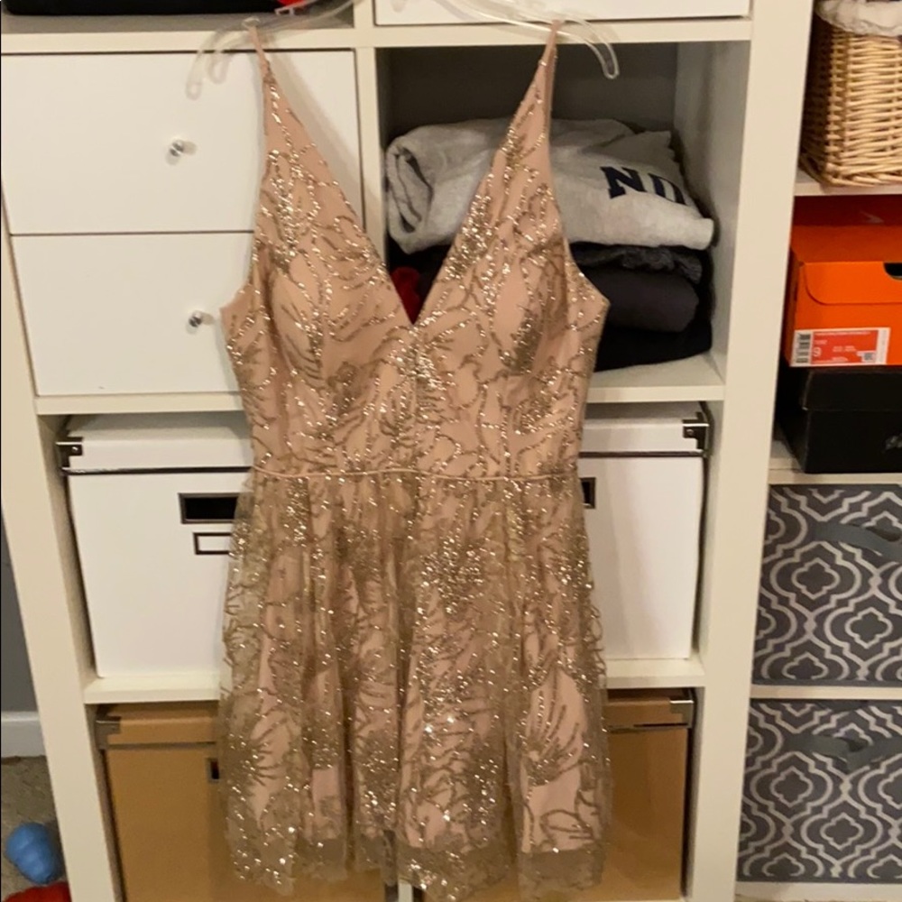 rose homecoming dress with gold detailing